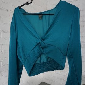 Crop Silky Teal Long Sleeve Top
